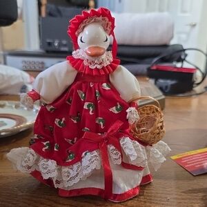 Red and White Duck Figurine with Basket